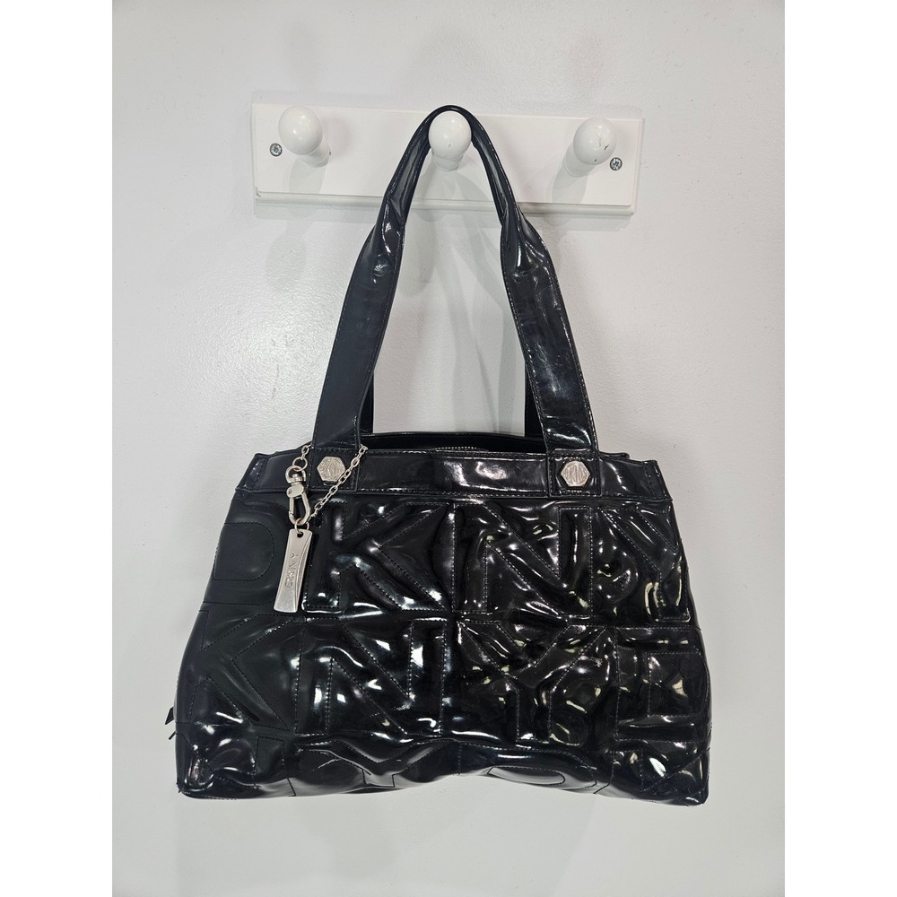 DKNY Black Patent Embossed Logo Shoulder Bag Silver Hardware Zip Tote